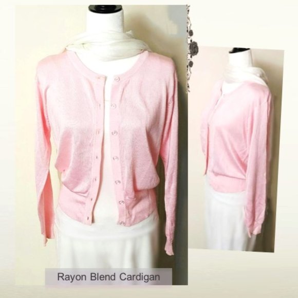 Rayon Blend Light Pink Cardigan Clear Button Up Round Neck Long Sleeves Sheen M - Picture 2 of 13